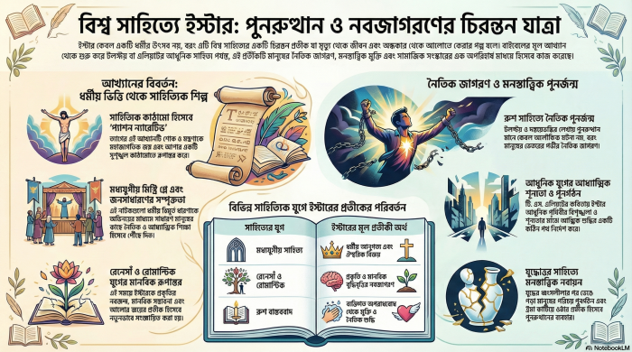 বিশ্বসাহিত্যে পুনর্জাগরণের রূপক — ধর্মীয় আখ্যান থেকে মানবজাতির সার্বজনীন সাহিত্যিক পুনর্জন্ম, ইস্টার, ট্রমা, নৈতিক জাগরণ ও বৈশ্বিক কল্পনার ভিজ্যুয়াল উপস্থাপনা